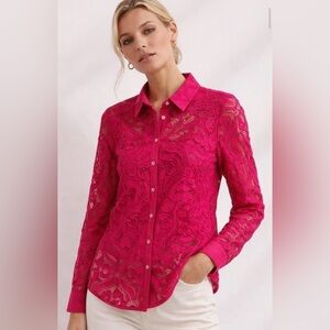 Maeve Anthropologie Pink Lace Button Down Blouse (US2/34) Long Sleeve